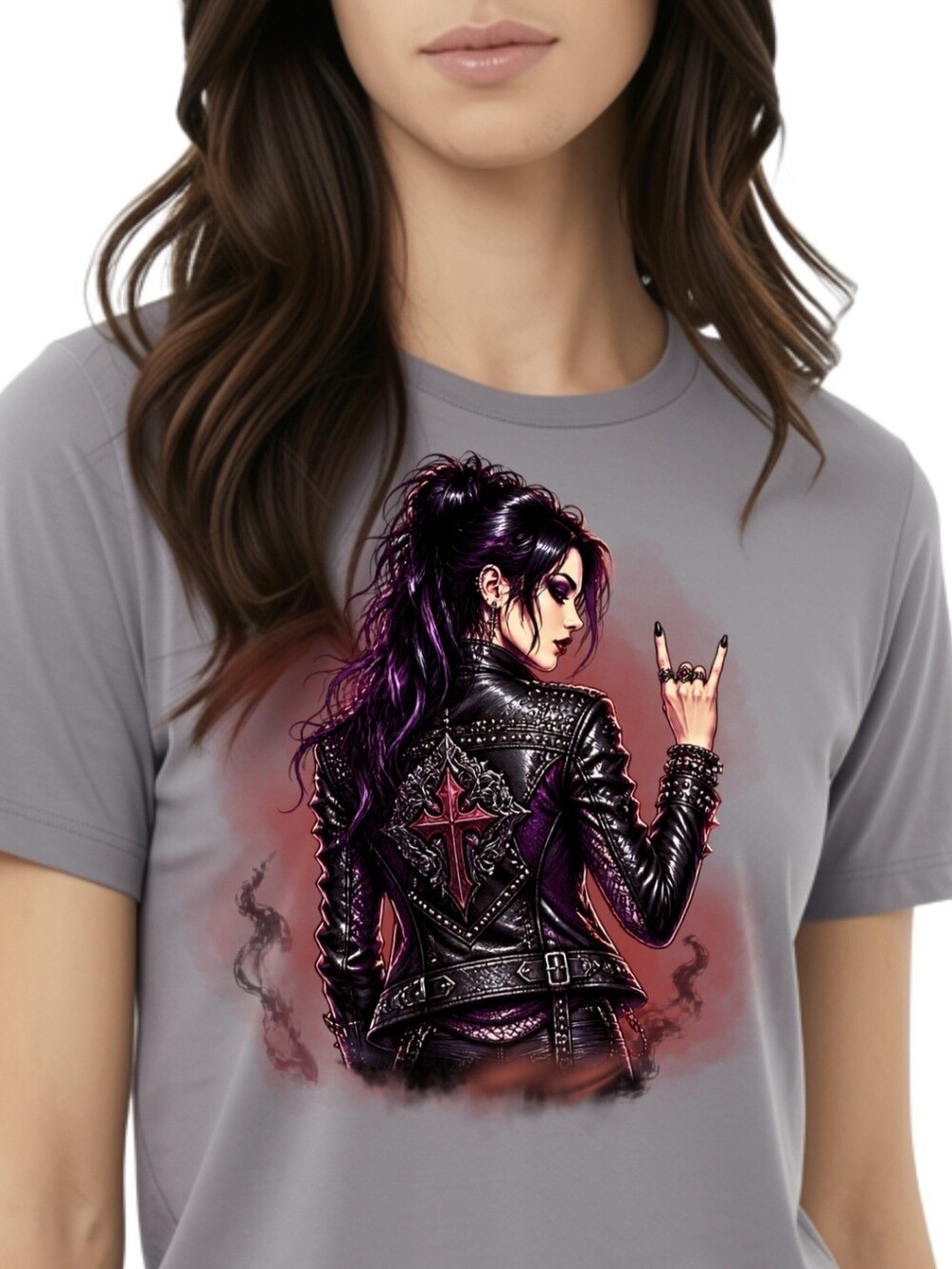 Gothic Rocker Leather Jacket Custom Tee with Handmade Crystals - Picture 3 of 3